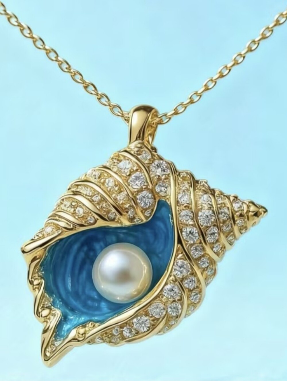 Gold Shell Pendant Necklace with Blue Enamel and Pearl